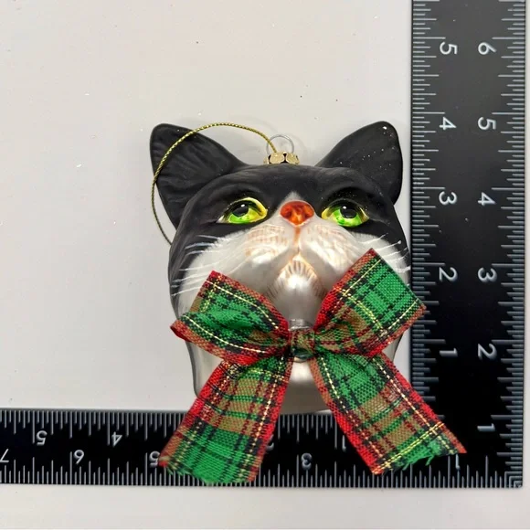 Festive Christmas Cat / Kitty Ornament with Plaid Bow and Bell - Picture 2 of 7